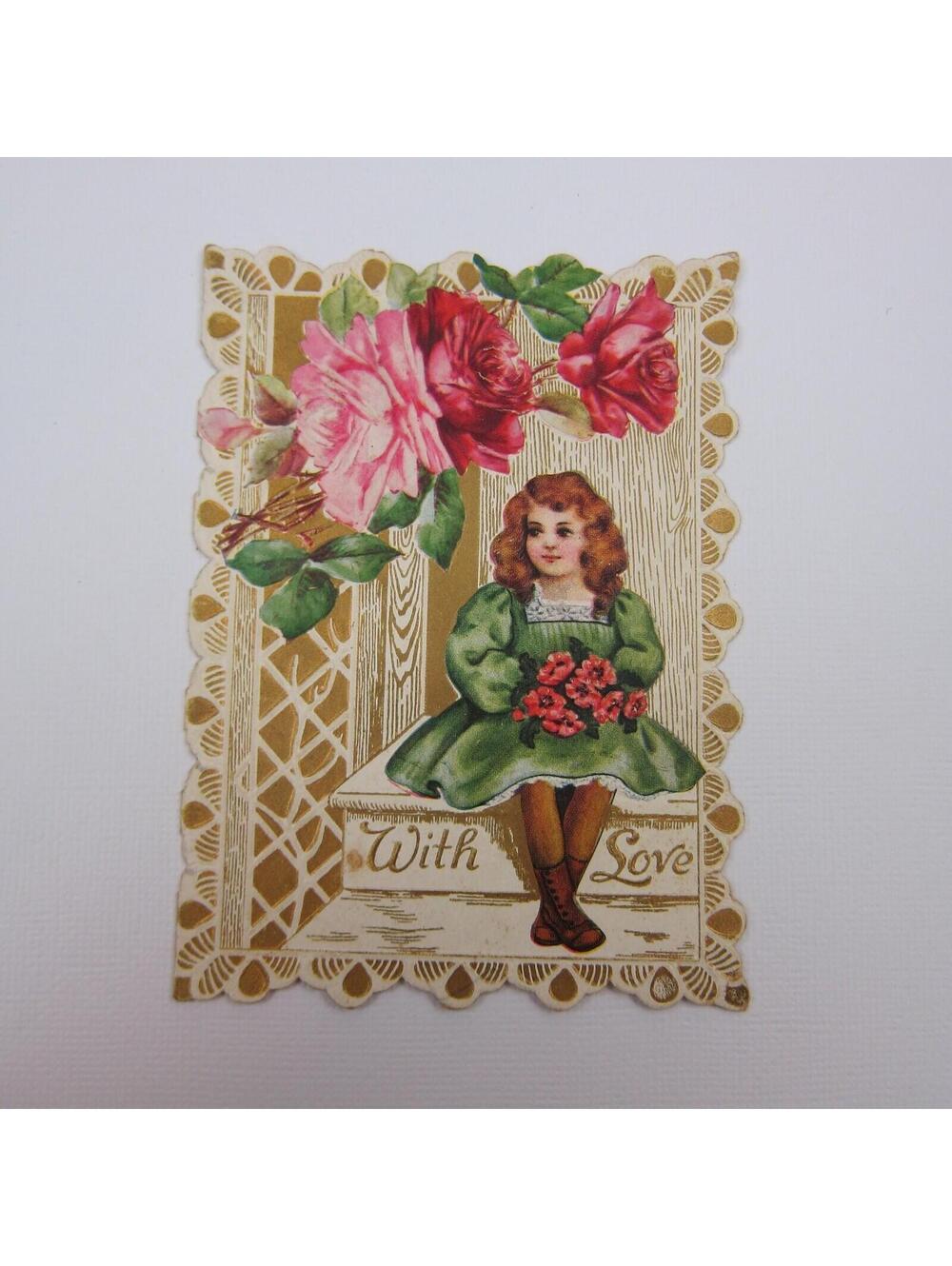 Valentine Card Girl Green Dress Holds Red Poppy Flowers Gold Pink Roses Antique - Picture 7 of 12